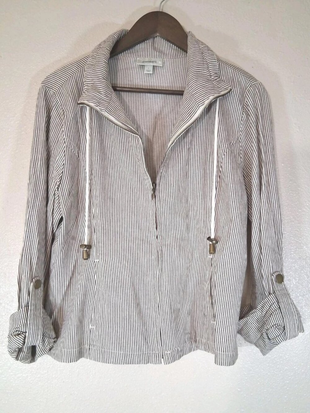 Dressbarn Zip Up Jacket Size Large Tan Cream Cotton Blend Lightweight